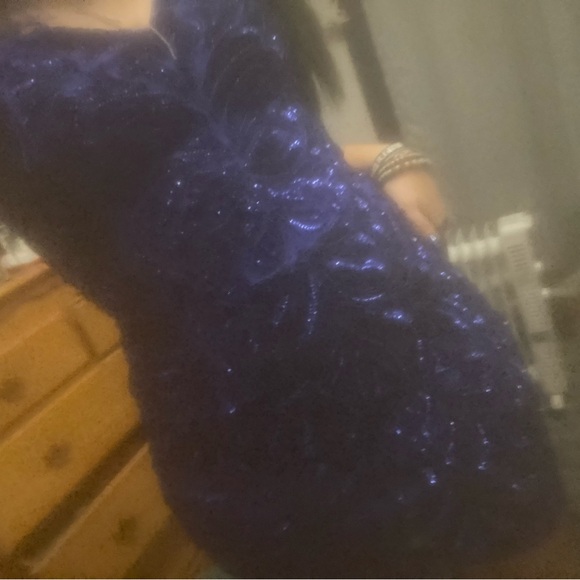 Primavera Blue Off the Shoulder Feathered Homecoming/Prom Dress - Picture 3 of 3